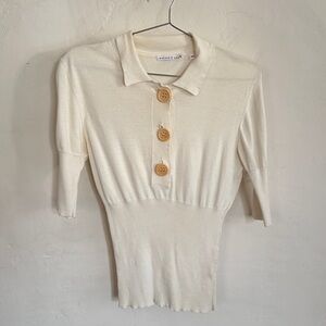 Vintage Madame à Paris Cream Knit Polo Top Short Sleeve Designer Sweater